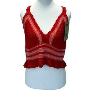 Madden Crochet Knit Crop Top Red Indie Sleeze Ruffle Y2K Baby doll women XL Boho